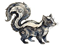 Ornamental squirrel with decorative swirls and floral patterns in black and cream tones, isolated on white background for design projects and clipart use.