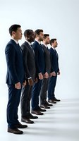Five diverse professional businessmen in navy suits standing in line profile view representing teamwork leadership and corporate success on white background.
