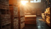 Sunlight streaming through warehouse window illuminates stacked lumber and wooden planks in industrial storage facility, creating atmospheric golden glow.