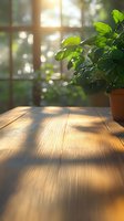 Sunlit wooden table with green plant in terracotta pot by window creating soft bokeh effect and morning shadows, cozy home atmosphere for product display.