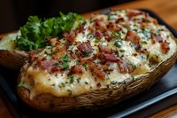 Baked potato loaded with melted cheese, crispy bacon bits and fresh herbs served on dark plate. Close up view of comfort food with rustic presentation.