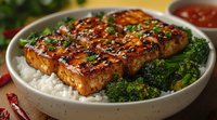 Glazed teriyaki salmon fillets served on white rice with steamed broccoli florets and sesame seeds in ceramic bowl, garnished with green onions and sauce on side.