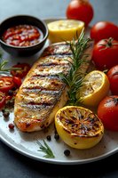 Grilled chicken breast with charred lemon, fresh rosemary sprigs, cherry tomatoes and sauce on plate. Close up food photography with natural lighting.