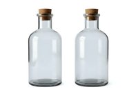 Two empty glass bottles with cork stoppers isolated on white background, ready for potion, oil, or beverage packaging design.