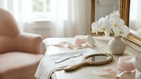 Elegant vanity table with vintage hand mirror, white orchid flowers and soft pink candles creating luxurious feminine bedroom interior for beauty and self-care routines.