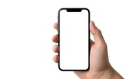 Hand holding modern smartphone with blank white screen isolated on white background for app presentation and mobile technology mockup.