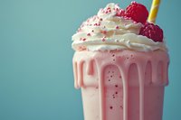 Pink strawberry milkshake topped with whipped cream, fresh raspberries and sprinkles against blue background. Dripping cream creates indulgent appearance.