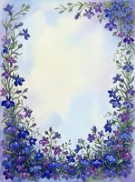Watercolor floral frame with blue and purple wildflowers on soft pastel background, copy space for text, greeting card or invitation design.