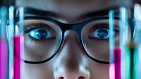 Close up portrait of young woman in glasses with neon test tubes reflecting in lenses creating futuristic scientific laboratory atmosphere. Modern research concept.