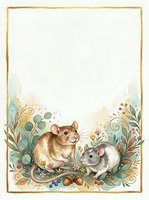 Watercolor card with two cute mice among floral botanical elements, gold frame, and blank copy space for text, greeting or invitation design.