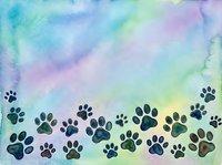 Watercolor paw prints in black and green scattered across soft pastel gradient background in blue, purple, pink and yellow tones. Suitable for pet-related designs.