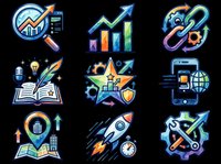 Set of 9 colorful SEO and digital marketing icons isolated on transparent background, ready for clipart, stickers, t-shirt design, print on demand, and sublimation projects.