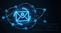 Digital email communication network with glowing envelope icon connected to multiple devices through futuristic data flow lines on dark background.