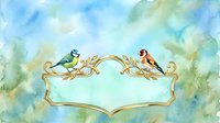 Young birds perched on ornate golden branch frame against soft watercolor sky and foliage backdrop. Suitable for greeting cards, invitations, children's designs.