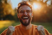 Young bearded man in orange sweater and glasses laughing with genuine joy outdoors during golden hour sunset, expressing pure happiness and positive emotions.