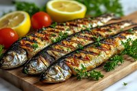 Grilled whole fish with herbs and lemon on wooden board, perfect for healthy cooking, seafood recipes, Mediterranean cuisine and restaurant menu design.