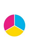 Colorful pie chart with three equal segments in pink, blue and yellow on white background for business presentations and data visualization.