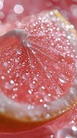 Macro shot of fresh pink grapefruit slice with water droplets and sparkling bokeh effect creating dreamy atmosphere. Juicy citrus pulp shows natural texture.