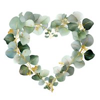 Heart-shaped eucalyptus wreath with silver dollar leaves and gold branches on white background, perfect for wedding invitations and decor.
