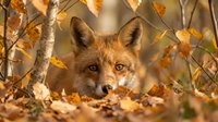 Red fox with amber eyes peering through golden autumn foliage and fallen leaves. Wildlife photography for nature, seasonal, and animal content projects.