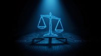 Glowing blue digital scales of justice hologram on dark background with data charts and graphs for legal technology and law firm presentations.