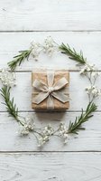 Kraft paper gift box with linen bow surrounded by rosemary and gypsophila wreath on white wooden background, flat lay.