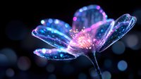 Glowing translucent flower with magical blue and pink luminescence against dark background, sparkling dewdrops on petals create ethereal nature macro photography effect.
