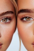 Close-up of green eyes with long eyelashes and natural freckles on fair skin, showing contrasting facial features for beauty and cosmetic industry use.