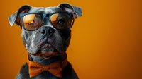Gray pit bull type dog wearing sunglasses with sunset reflection and orange bow tie against vibrant orange background. Studio portrait captures serious expression and hipster style.