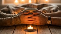Cozy winter evening with hands wrapped around warm mug, soft knit sweater sleeves, candlelight creating intimate atmosphere on wooden table surface.