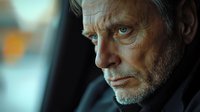 Thoughtful senior man with gray beard gazing pensively through window, dramatic lighting creating contemplative mood for storytelling and emotional concepts.