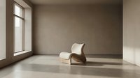 Minimalist interior space featuring modern curved lounge chair with ottoman in neutral tones, empty room with natural light from window, concrete flooring, suitable for interior design and furniture marketing.