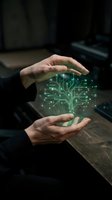 Businessman hands protecting glowing green digital tree circuit board hologram representing sustainable technology innovation and environmental protection.