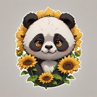 Cute panda bear cub portrait surrounded by bright yellow sunflowers on isolated background, ready for sticker, t-shirt print and merchandise design.