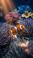 Clownfish with white stripes swimming among colorful sea anemones in a vibrant coral reef ecosystem with blue and purple tentacles.