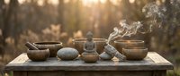 Zen meditation setup with singing bowls, stones and incense creating peaceful atmosphere for mindfulness practice and spiritual wellness rituals.