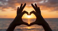 Hands forming heart shape silhouette against golden sunset over ocean water. Romantic love symbol gesture at beach during golden hour for wellness concepts.