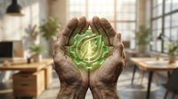 Hands holding glowing green leaf symbol in modern office workspace, representing renewable energy, sustainability, eco-friendly business practices and environmental conservation.