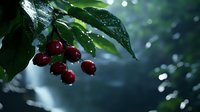 Fresh ripe cherries with water drops on dark green leaves against blurred bokeh background, moody natural lighting creates dramatic atmosphere.