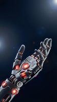 Futuristic robotic hand with glowing red circuits reaching upward against dark background with bright light rays for technology and AI concepts.