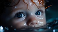 Close up portrait of young child with bright blue eyes and wet face emerging from water, creating dramatic and emotional atmosphere in dark aquatic setting.