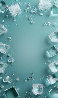 Scattered ice cubes and crushed ice fragments create frame on turquoise background with copy space in center, frozen water drops add dynamic effect for beverage ads.