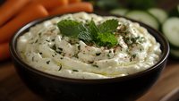 Creamy herb dip garnished with fresh mint in black ceramic bowl, served with raw vegetables on wooden surface. Fresh appetizer for party snacks.