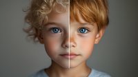 Portrait of young child with striking blue eyes and mixed hair textures, split composition showing curly and straight styling against neutral background.