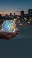 Hand holding glowing crystal sphere with green leaf and solar panel icon against illuminated city skyline at dusk, representing renewable energy and sustainable business solutions.