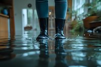 Person wearing black rubber boots standing in flood water inside home, with furniture and plants visible in background, dramatic low angle view of water damage.