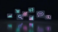 Digital marketing icons with neon glow effects on dark background including shopping cart, megaphone, target, analytics charts and communication symbols.