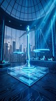 Futuristic justice scales hologram in high-tech courtroom with neon blue lighting and digital interface elements for legal technology concepts.