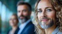 Professional team leader with long blonde curly hair and beard smiling confidently in modern office setting, with blurred coworkers in background. Focus on positive workplace atmosphere.