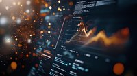 Financial data visualization with glowing orange bokeh effects on dark trading terminal screen showing market analysis graphs and charts.